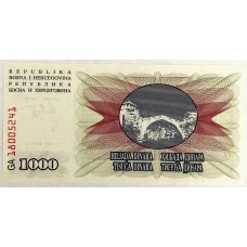 BOSNIA-HERZEGOVINA 1992 . ONE THOUSAND 1,000 DINARA BANKNOTE